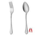 A spoon a stainless steel fork and a crown