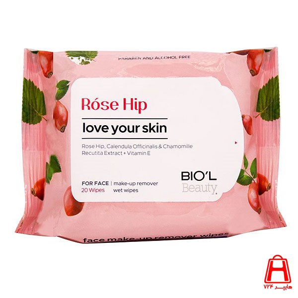 BiolFacial cleansing wipe containing rose hip extract 20 leaves